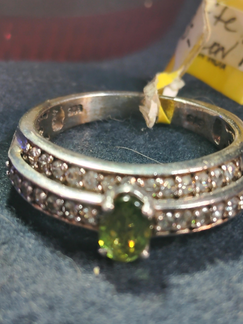 GREEN APATITE,PURE WH PAVE' ZIRCON SOLITAIRE & DUO SOLID, STERLING RING - SIZE-9